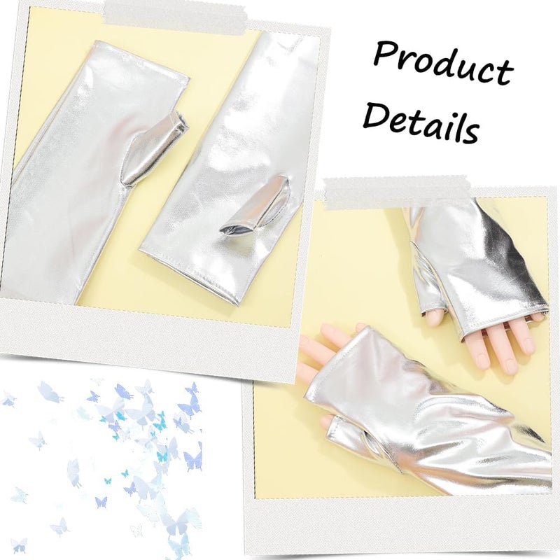 CALFOVERA Shiny Metallic PU Leather Fingerless Gloves Silver Long Half Palm Rock Stage Gloves Stretchy Gothic Punk Dress Up Arm Warmer Arm Sleeves for Women Girls Halloween Costume Party Cosplay - Image 5